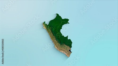 Peru animated map showing regions forming the country with a physical map background and a chroma key alpha channel.