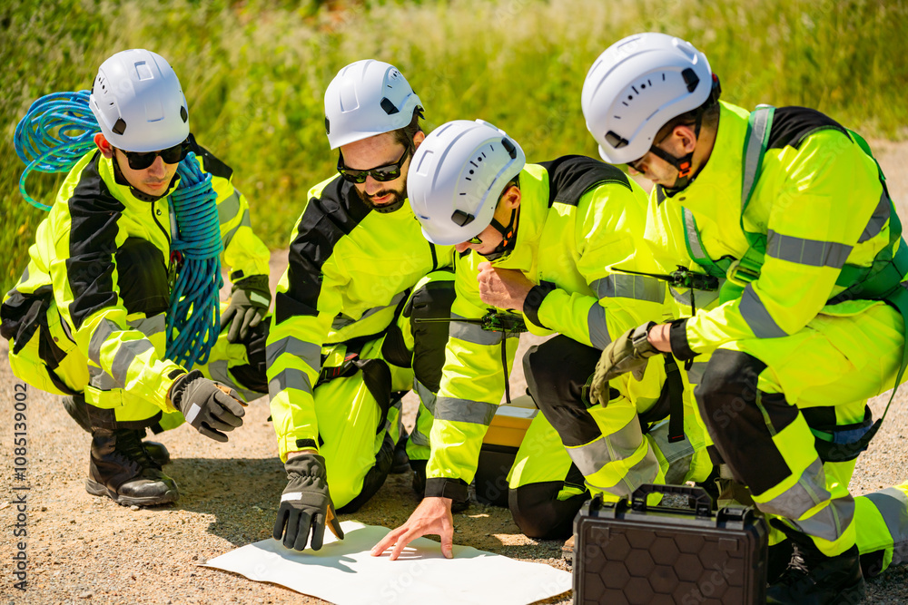 Fototapeta premium Four young male wind farm engineers work inspecting field systems.Wind turbine engineer inspection and wind turbine inspection progress at construction site.