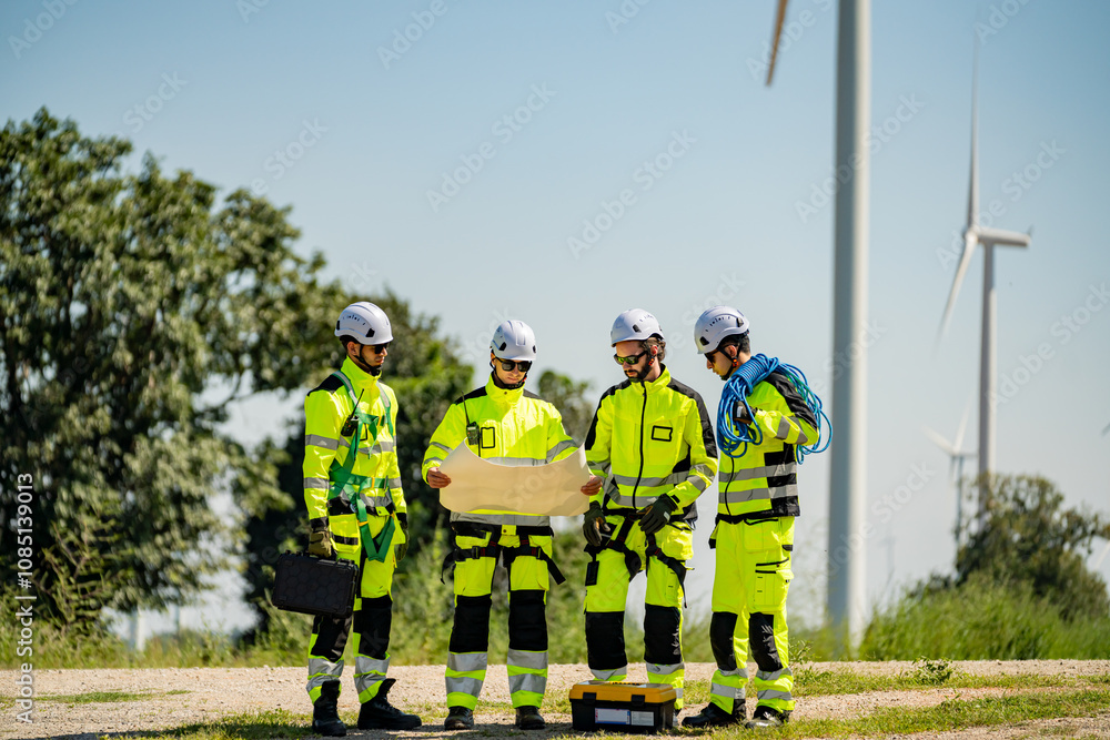 Four young male wind farm engineers work inspecting field systems.Wind turbine engineer inspection and wind turbine inspection progress at construction site. Four young male wind farm engineers work inspecting field systems.Wind turbine engineer inspection and wind turbine inspection progress at construction site.