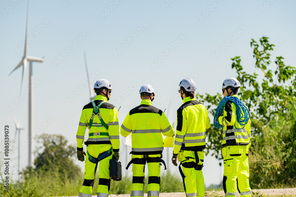 Four young male wind farm engineers work inspecting field systems.Wind turbine engineer inspection and wind turbine inspection progress at construction site. Four young male wind farm engineers work inspecting field systems.Wind turbine engineer inspection and wind turbine inspection progress at construction site.