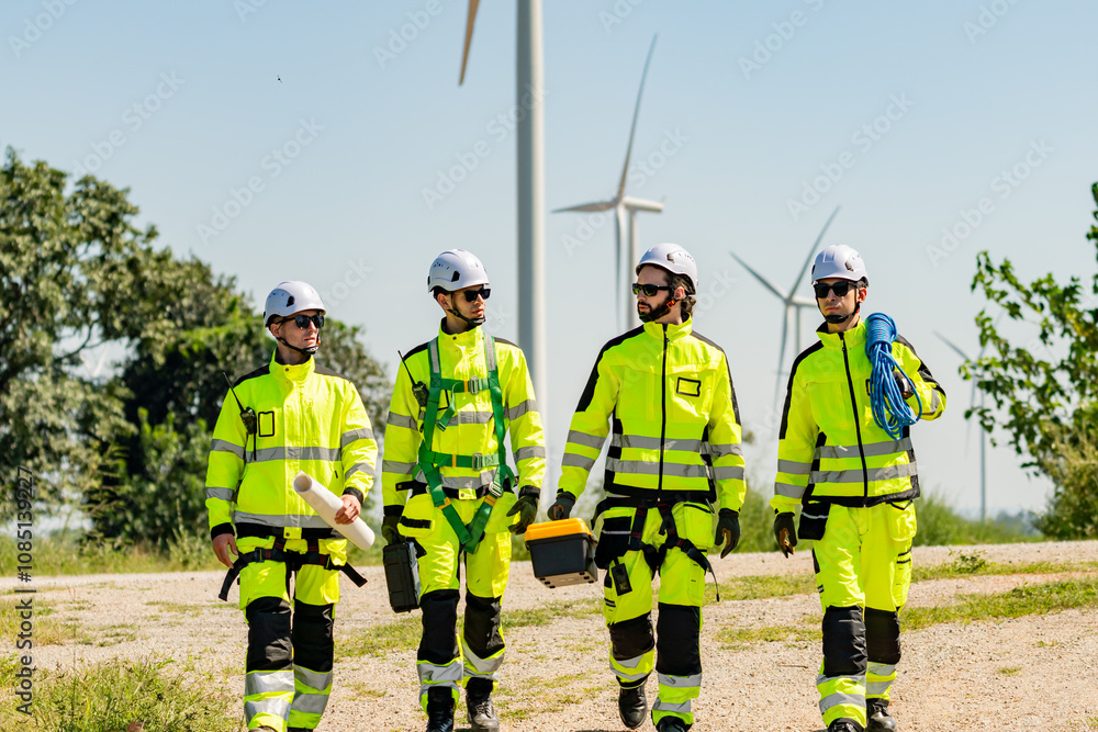 Four young male wind farm engineers work inspecting field systems.Wind turbine engineer inspection and wind turbine inspection progress at construction site. Four young male wind farm engineers work inspecting field systems.Wind turbine engineer inspection and wind turbine inspection progress at construction site.