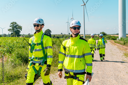 Four young male wind farm engineers work inspecting field systems.Wind turbine engineer inspection and wind turbine inspection progress at construction site.