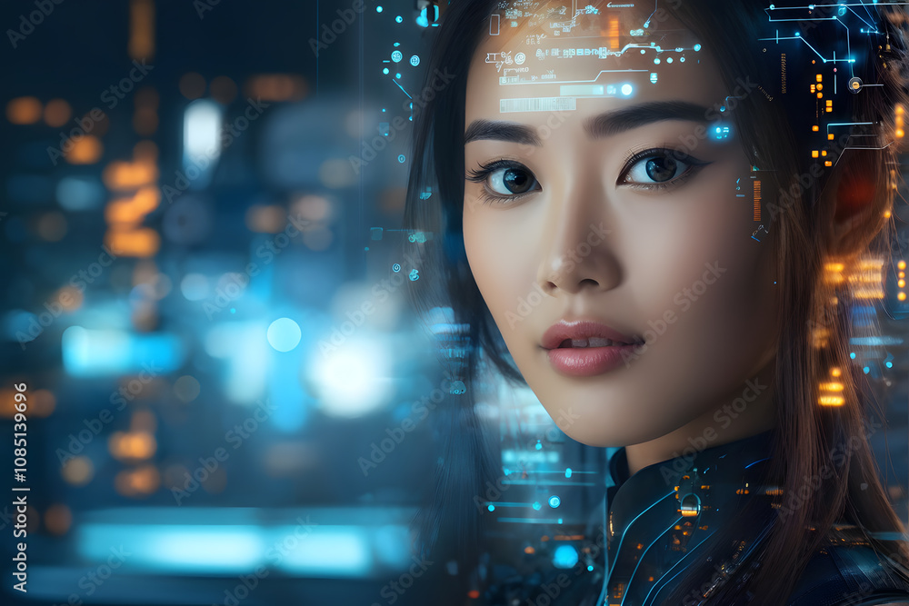 A woman with a computer chip on her face A woman with a computer chip on her face