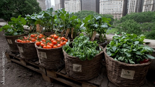 Urban Rooftop Garden Action Harvesting Tomatoes and Greens Cityscape Photography Vibrant Environment Aerial View Sustainable Living photo