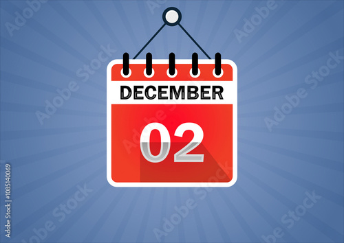 December 02, Calendar hanging sign. 2th days of the month, modern illustration. Date day of week Sunday, Monday, Tuesday, Wednesday, Thursday, Friday, Saturday. Flat style photo