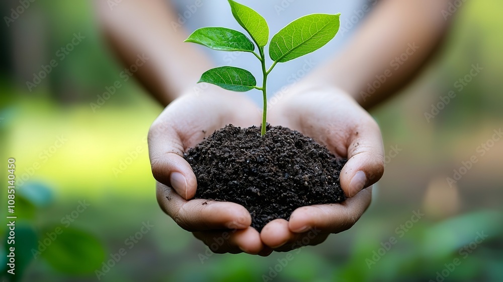 Nurturing Growth Hands Holding Young Plant Seedling Outdoor Garden Nature Photography Lush Environment Close-Up Perspective Eco-Friendly Concept