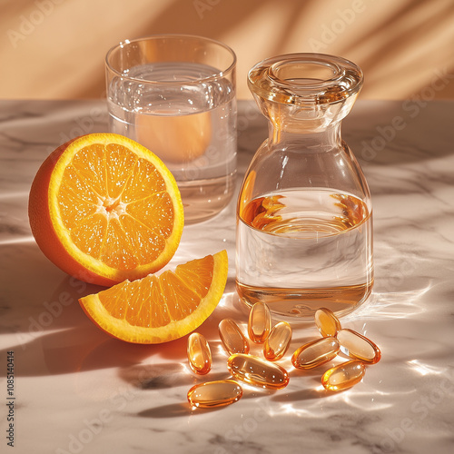 Vitamin D supplements with orange slices and water on marble