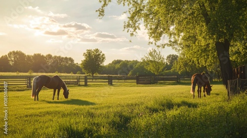 An expansive equestrian center in the countryside, Horses grazing peacefully in lush paddocks, Equine lifestyle style