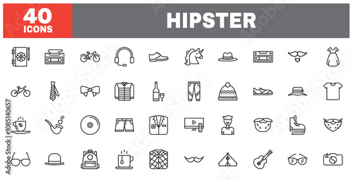Set of 40 line icons hipster. Outline icon collection. Editable stroke. Vector illustration.