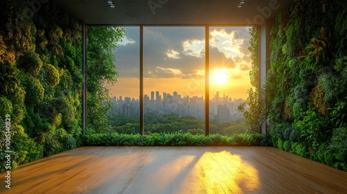 Lush Green Wall and Sunset View from Modern Urban Apartment with Floor-to-Ceiling Windows Showcasing Nature and Cityscape Harmony in a Beautiful Setting