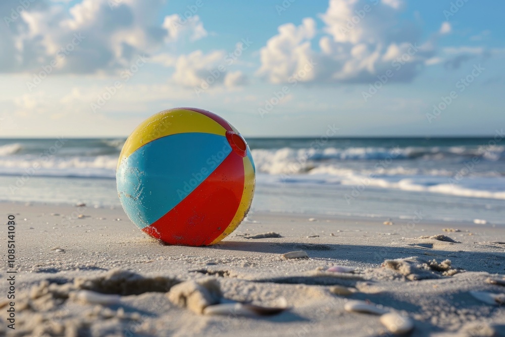 Obraz premium Brightly colored beach ball sits on the sand near the ocean on a sunny day