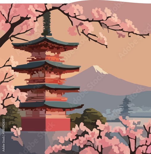 日本の伝統的な風景イラスト - 桜、五重塔、富士山 のベクターイラスト