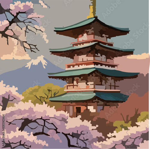 満開の桜と富士山と古都の塔 のベクターイラスト