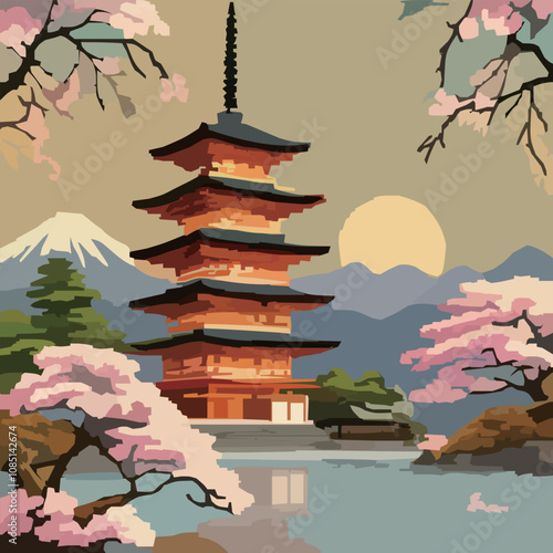 五重塔と富士山と桜の春の風景 のベクターイラスト