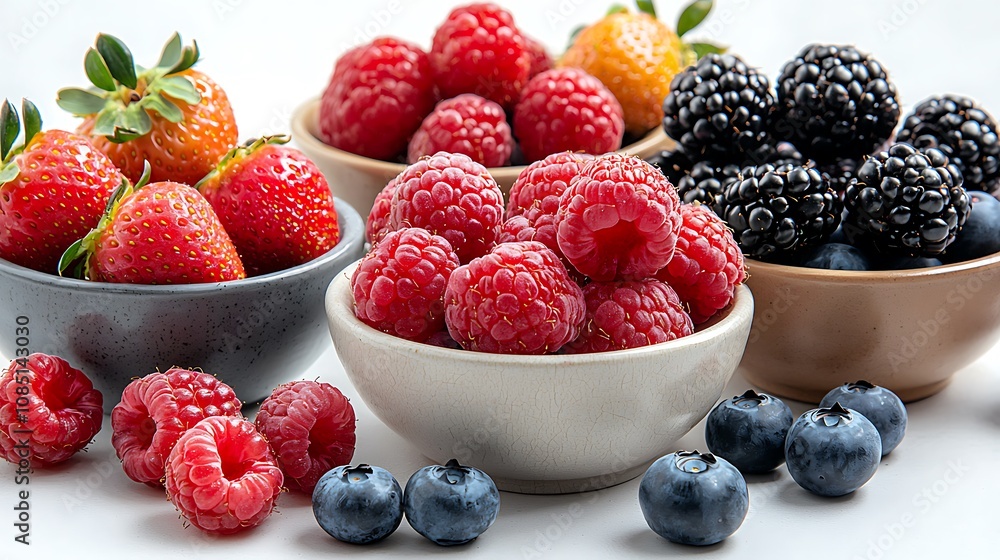 Freshly harvested berries, including strawberries, blueberries, raspberries, and blackberries, are artfully arranged in various bowls on a clean white surface Freshly harvested berries, including strawberries, blueberries, raspberries, and blackberries, are artfully arranged in various bowls on a clean white surface