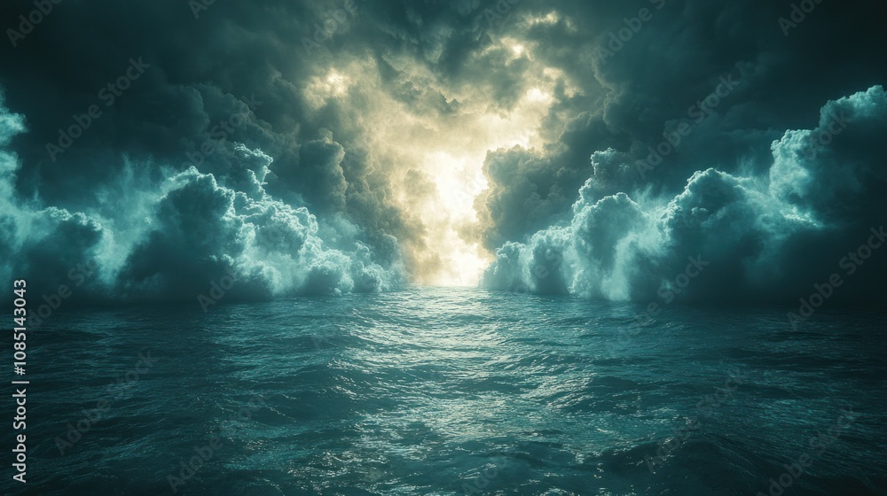 Fototapeta premium Dramatic ocean scene with dark clouds and light breaking through.