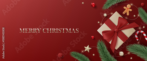 3D Merry Christmas luxury banner top view red background. Happy new year holiday realistic greeting card with gold gift box, decoration, red ball, pine leaves, lights garland and green tree branches