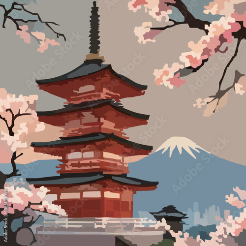 桜と五重塔のある風景のベクターイラスト