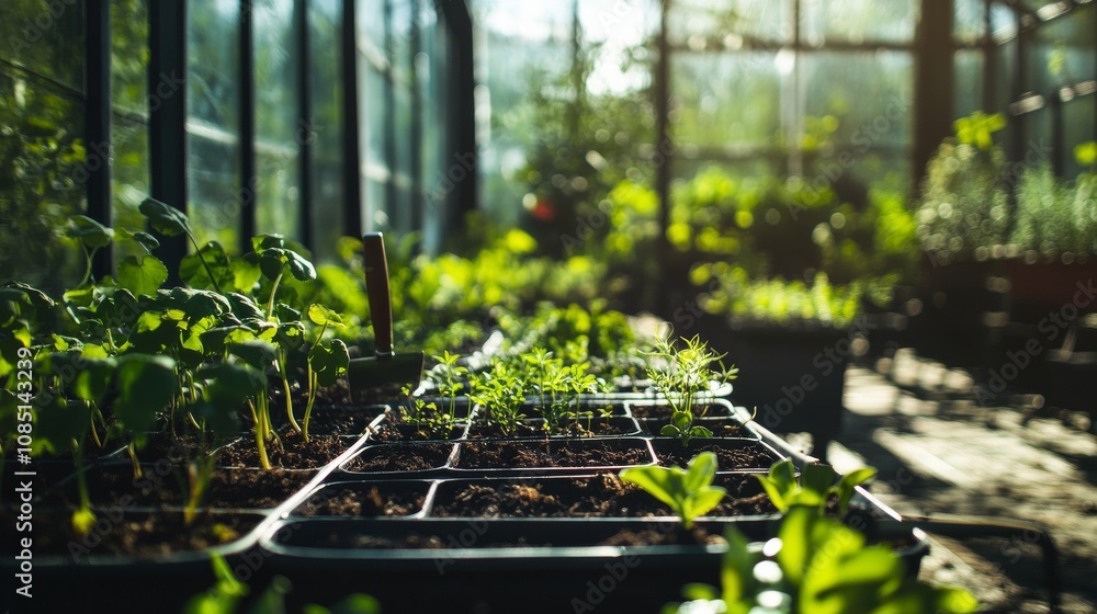 An immersive gardening session in a vibrant greenhouse, Gardening tools and seedlings in a lush setting, Documentary photography style An immersive gardening session in a vibrant greenhouse, Gardening tools and seedlings in a lush setting, Documentary photography style
