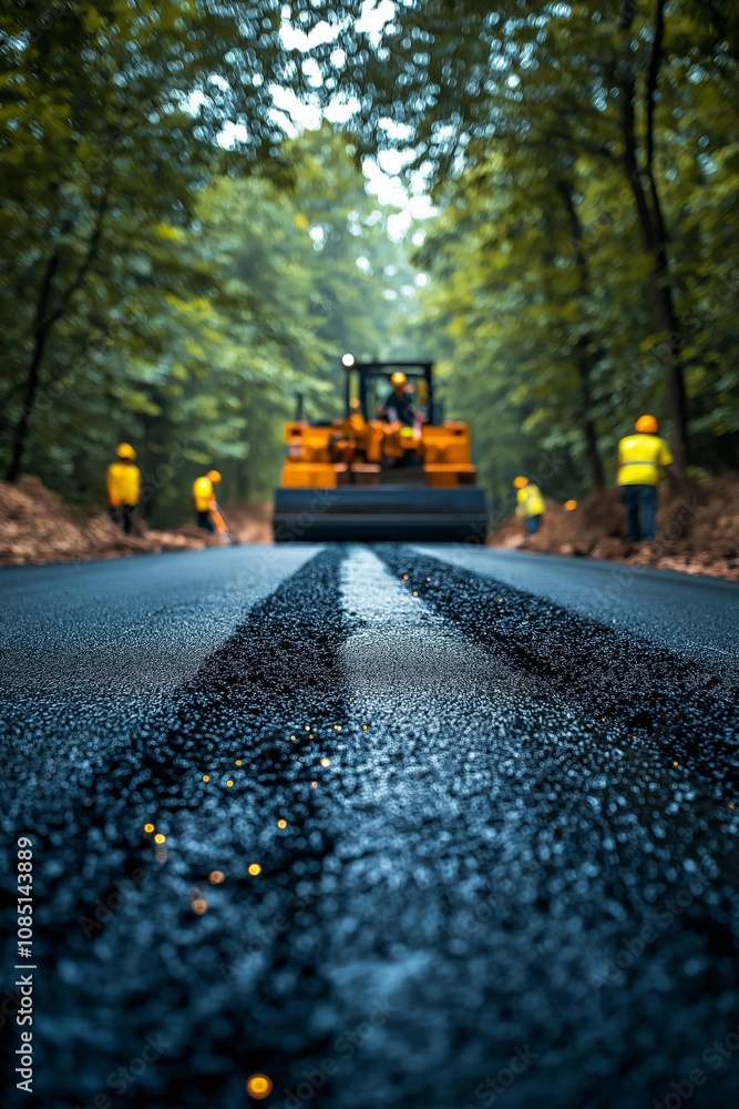 An asphalt roller leaves textured tracks on a freshly laid road surrounded by a forested setting An asphalt roller leaves textured tracks on a freshly laid road surrounded by a forested setting