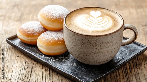 A cozy scene featuring a cup of latte art beside three powdered doughnuts on a wooden table, perfect for a sweet treat.