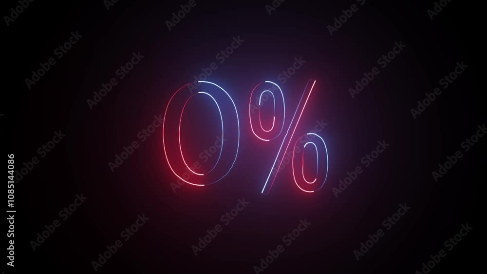 Glowing neon number 0% discount big offer sale business animation 4k video. 0 percent glowing neon sign black background. Glowing neon number 0% discount big offer sale business animation 4k video. 0 percent glowing neon sign black background.