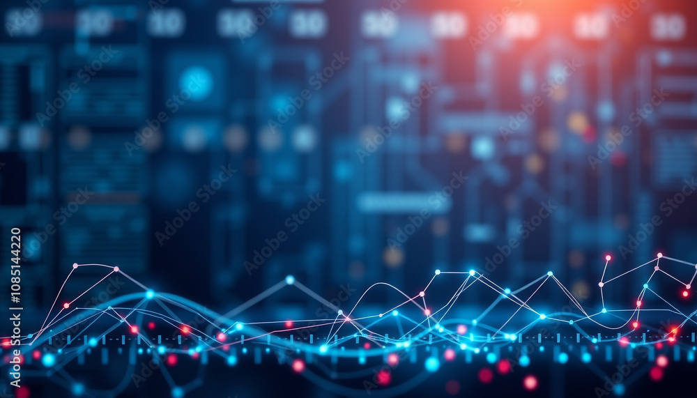 Obraz premium Glowing digital waves illuminate the futuristic tech space, symbolizing rapid data transfer and network connectivity