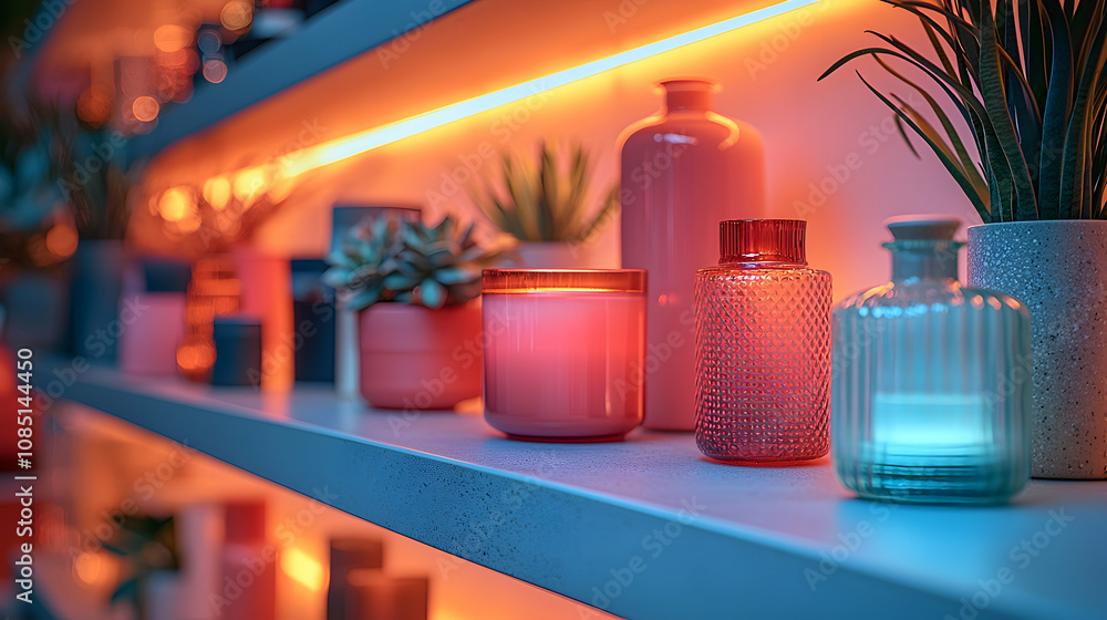 Fototapeta premium Shelf with Glass Bottles and Candles, Modern Interior Design Illustration