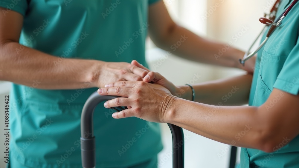 Two healthcare professionals are helping a patient with a walker, offering support and encouragement in a medical environment focused on rehabilitation Two healthcare professionals are helping a patient with a walker, offering support and encouragement in a medical environment focused on rehabilitation