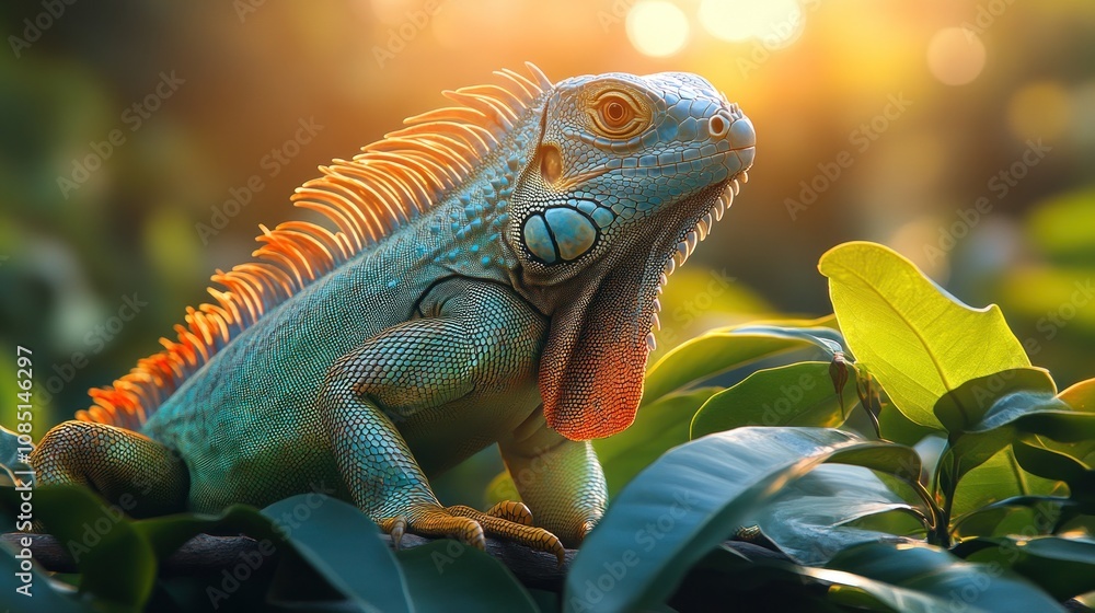 Naklejka premium Vibrant green iguana basking in sunlight.