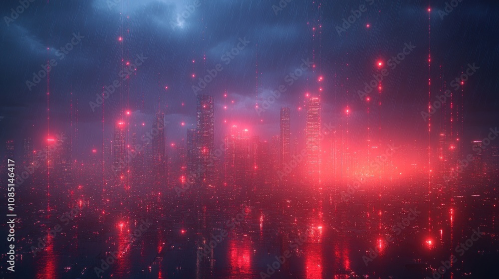Cyberpunk Cityscape, Rain, Red Lights. Cyberpunk Cityscape, Rain, Red Lights.