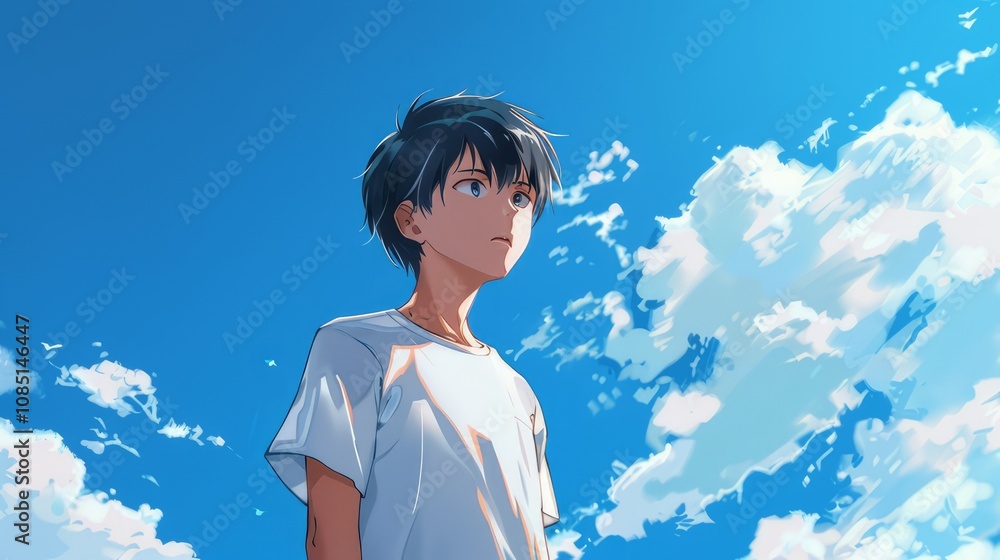 A young man gazes pensively at the bright blue sky and fluffy white clouds A young man gazes pensively at the bright blue sky and fluffy white clouds