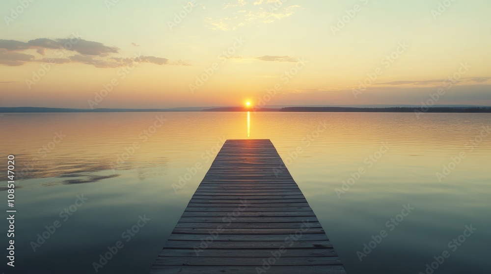 Sunset Over a Tranquil Lake with a Wooden Dock Sunset Over a Tranquil Lake with a Wooden Dock