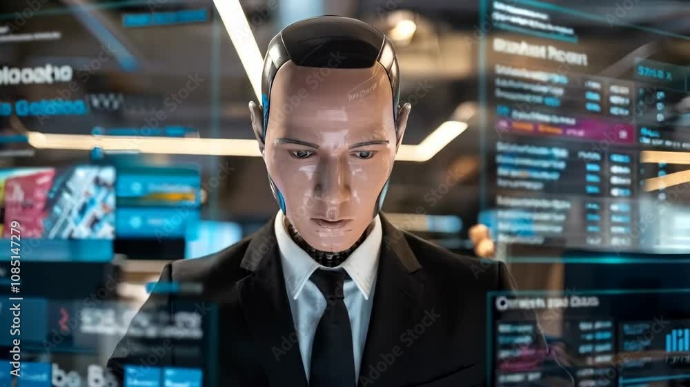 A humanoid robot in a suit interacts with digital data displays in a modern office setting. A humanoid robot in a suit interacts with digital data displays in a modern office setting.
