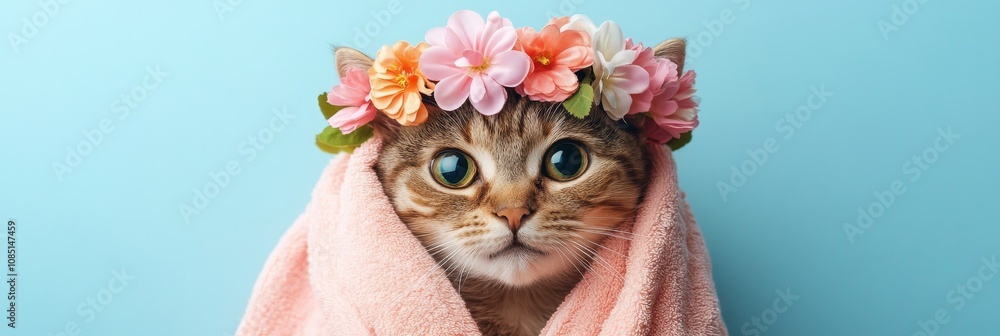 Obraz premium Adorable Cat in Flower Crown and Pink Towel - Cute cat wearing a flower crown and pink towel, perfect for spring or summer themes. Symbolizing beauty, pampering, serenity, joy, and pets.