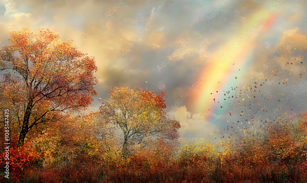 A serene autumn landscape featuring colorful trees, a rainbow, and drifting leaves. A serene autumn landscape featuring colorful trees, a rainbow, and drifting leaves.