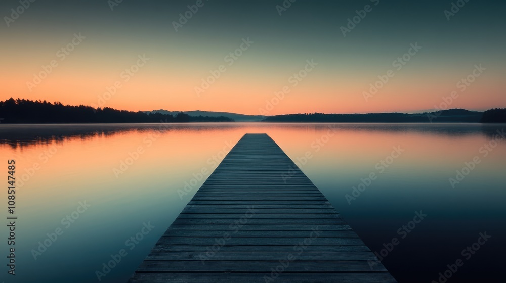 Wooden Dock Leading to a Serene Lake at Sunrise Wooden Dock Leading to a Serene Lake at Sunrise