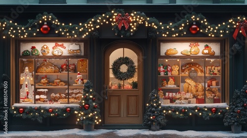 A delightful bakery window decorated for the holidays features vibrant pastries and festive ornaments, inviting passersby to enjoy seasonal sweets and warm cheer throughout winter.