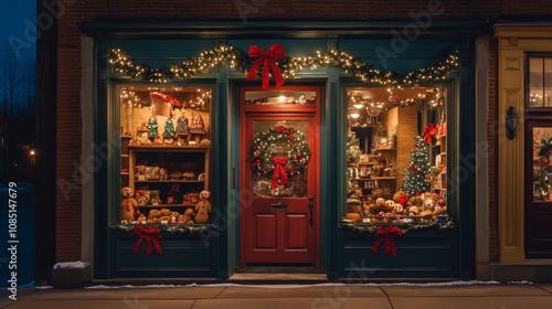 The cozy storefront adorned with glittering lights and cheerful decorations invites passersby to explore a world of holiday cheer, featuring charming gifts and seasonal ornaments.