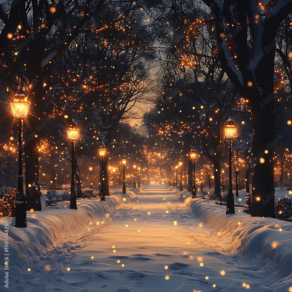 Glowing Lamps Casting Warm Light Over a Snowy Winter Street at Night Background Glowing Lamps Casting Warm Light Over a Snowy Winter Street at Night Background