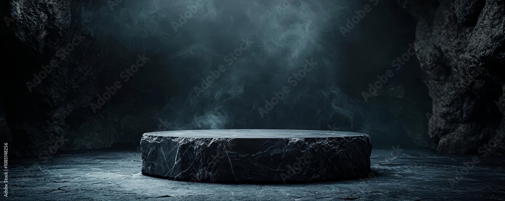 Dark stone podium with smoky atmosphere, black marble platform in eerie cave setting Dark stone podium with smoky atmosphere, black marble platform in eerie cave setting