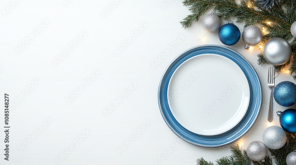 A festive dining setting featuring a white plate, cutlery, and Christmas ornaments, creating a cheerful holiday atmosphere. A festive dining setting featuring a white plate, cutlery, and Christmas ornaments, creating a cheerful holiday atmosphere.