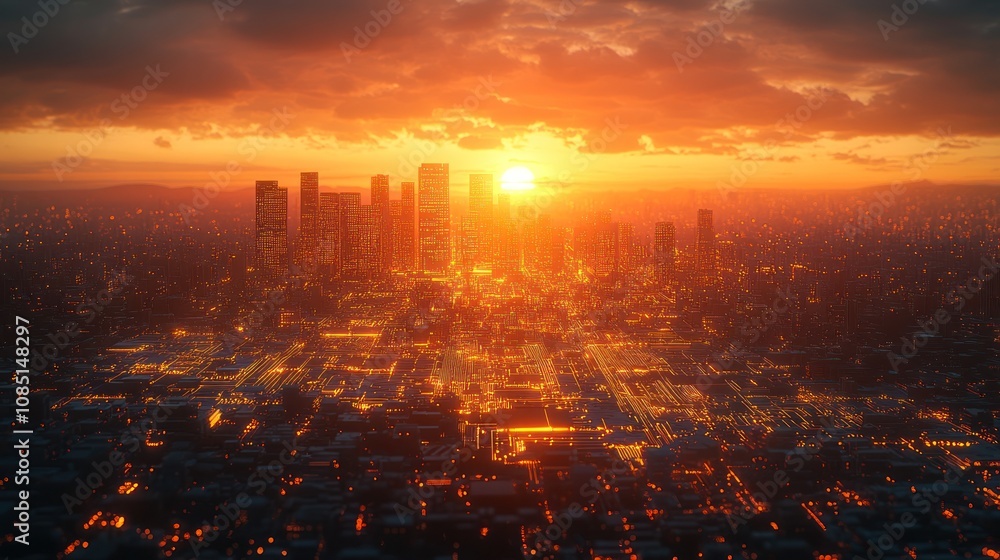 Fototapeta premium Dramatic sunset over sprawling city skyline.