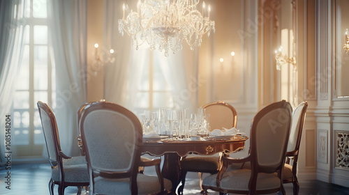 Elegant Dining Room Interior Design with Crystal Chandelier - 3D Illustration