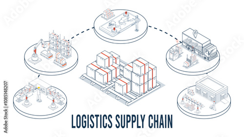 Logistics Supply Chain Management (SCM) Concept including Procurement, Manufacturing, Storage, IT, Distribution, and Transportation infographic. Vector illustration eps10