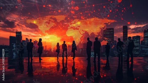 Global Vision: Cityscape at Sunset with Business Silhouettes and Transparent World Map Overlay – Perfect Poster for Inspiring Sports Interiors and Networking Themes!