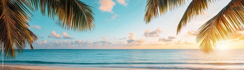 Golden hour at exotic beach, vibrant sky and calm sea with coconut palms framing the scene Golden hour at exotic beach, vibrant sky and calm sea with coconut palms framing the scene