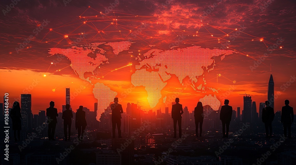 Sunset Cityscape Poster: Ambitious Business Silhouettes with Glowing World Map Overlay, Perfect for Modern Interiors and Inspiring Workspaces Sunset Cityscape Poster: Ambitious Business Silhouettes with Glowing World Map Overlay, Perfect for Modern Interiors and Inspiring Workspaces