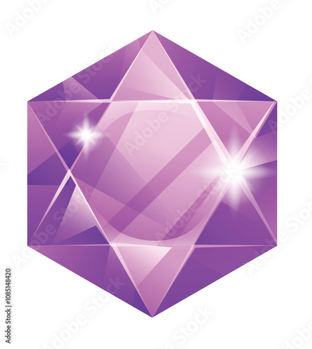 Purple diamond with geometric facets and glowing finish. Vector cartoon illustration