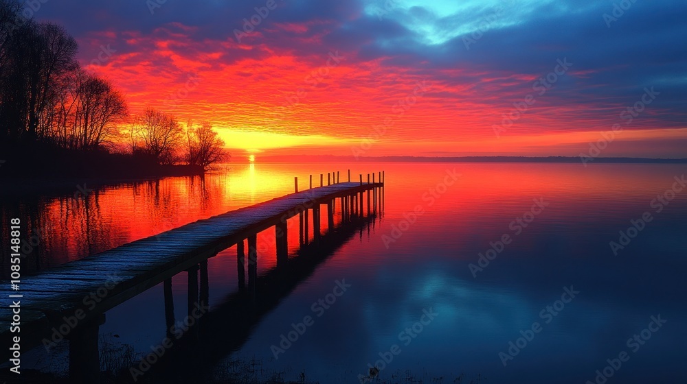 Vibrant sunset over calm lake, wooden dock. Vibrant sunset over calm lake, wooden dock.